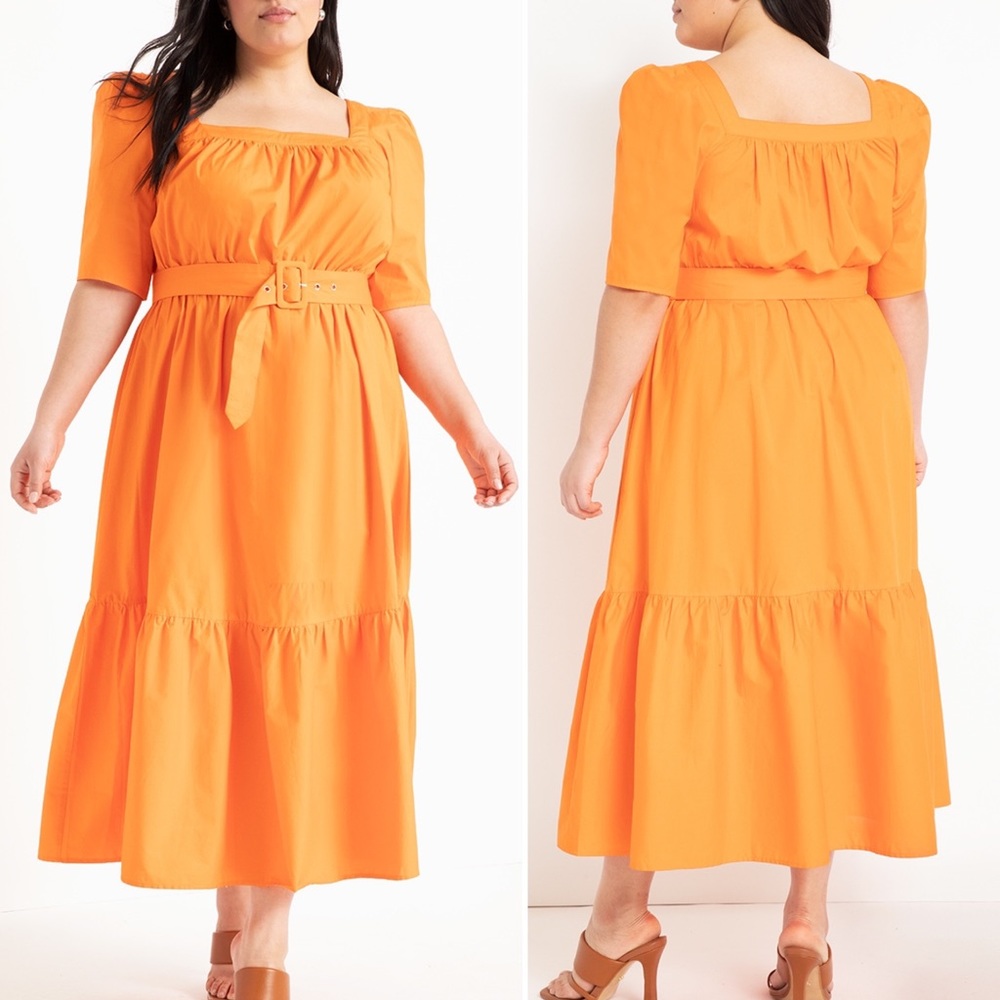 Eloquii Square Neck Fit & Flare Midi Dress With Belt in Amber Glow Orange